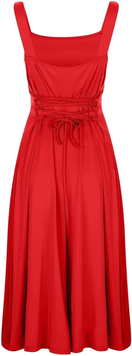Spring Dress for Women 2025, Square Neck Midi Dress for Women Summer Casual Sleeveless Drawstring Sundress Flare Tank Dress