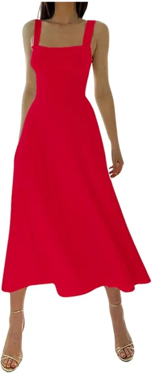Spring Dress for Women 2025, Square Neck Midi Dress for Women Summer Casual Sleeveless Drawstring Sundress Flare Tank Dress