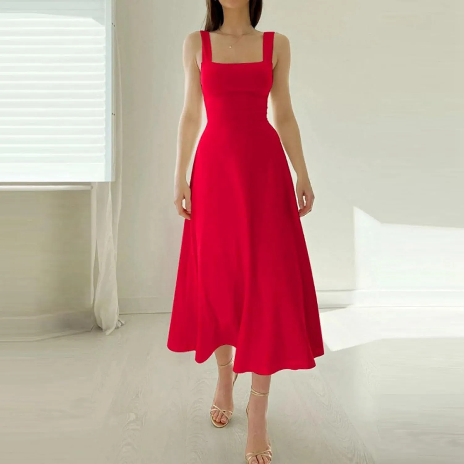 Spring Dress for Women 2025, Square Neck Midi Dress for Women Summer Casual Sleeveless Drawstring Sundress Flare Tank Dress