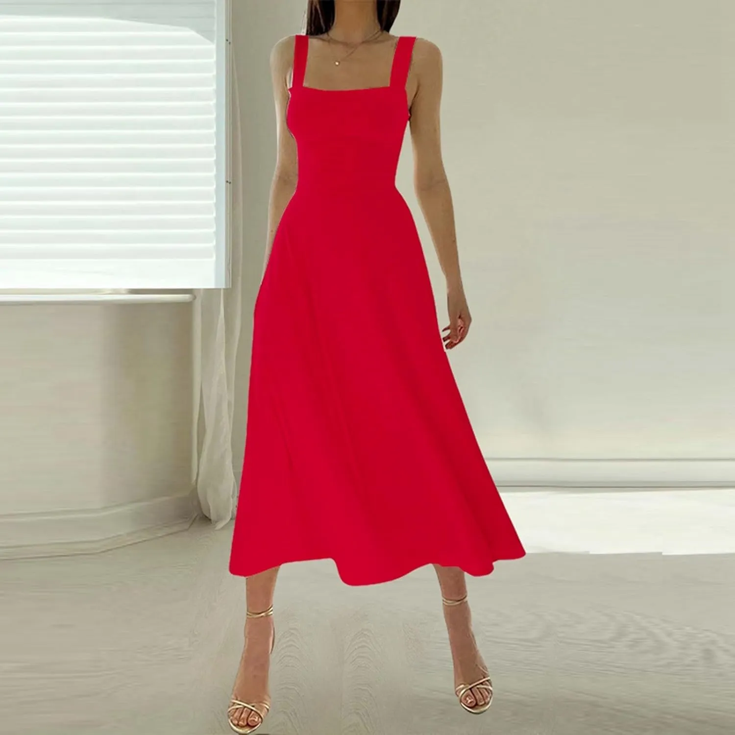 Spring Dress for Women 2025, Square Neck Midi Dress for Women Summer Casual Sleeveless Drawstring Sundress Flare Tank Dress