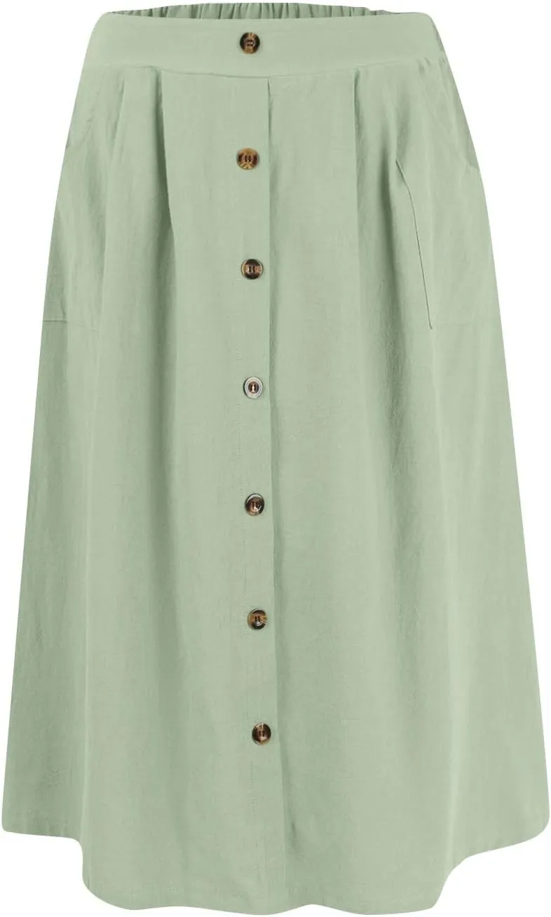 Spring Skirts for Women Summer High Elastic Waist Pleated Midi Skirt Linen Button Front A Line Skirts with Pockets
