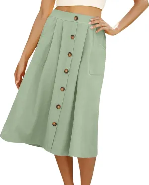 Spring Skirts for Women Summer High Elastic Waist Pleated Midi Skirt Linen Button Front A Line Skirts with Pockets