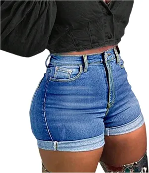 Stretchy Jean Shorts for Women High Waisted Butt Lifting Denim Shorts Tummy Control Booty Cuffed Jorts with Pockets