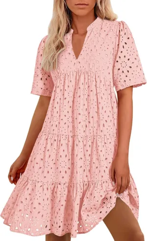 Summer Babydoll Dress for Women Puff Short Sleeve V Neck Hollow Out Eyelet Flowy Tiered Mini Dress for Beach Vacation
