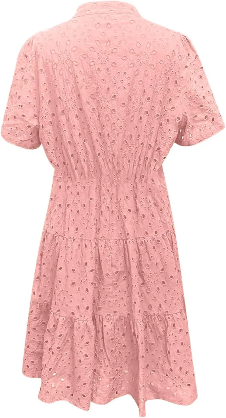 Summer Babydoll Dress for Women Puff Short Sleeve V Neck Hollow Out Eyelet Flowy Tiered Mini Dress for Beach Vacation