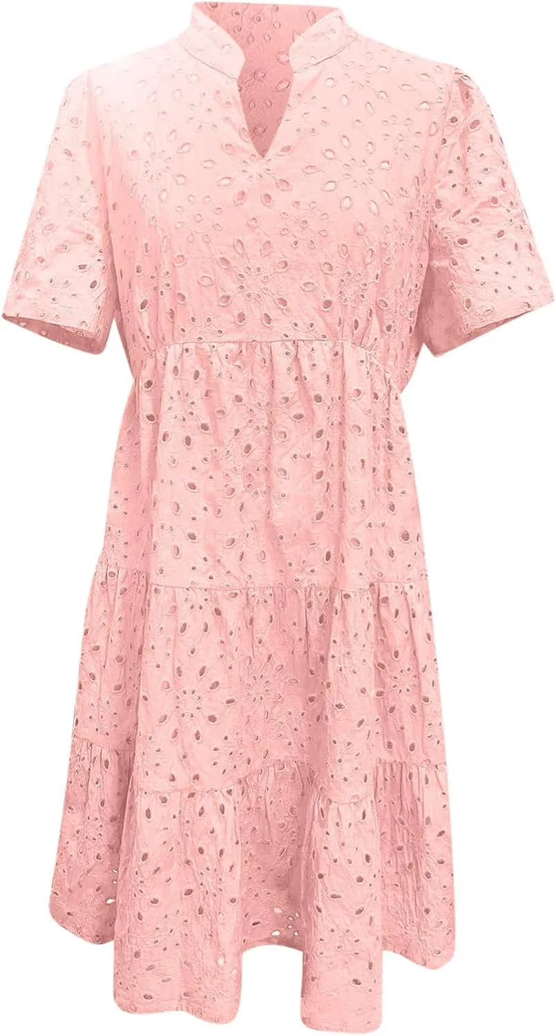 Summer Babydoll Dress for Women Puff Short Sleeve V Neck Hollow Out Eyelet Flowy Tiered Mini Dress for Beach Vacation