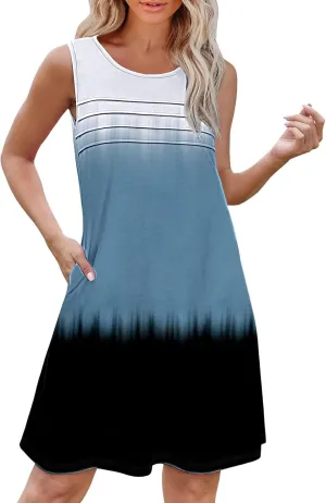 Summer Dress Short Womens with Pockets Summer Casual Tank Dress Sleeveless Midi Beach Dress Women's Linen Dress