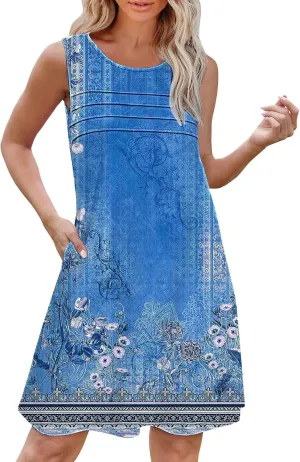 Summer Dress Short Womens with Pockets Summer Casual Tank Dress Sleeveless Midi Beach Dress Women's Linen Dress