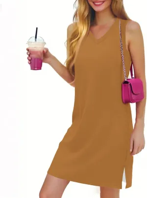 Summer Dresses for Women 2025 Beach V Neck Tank Dress Striped Sleeveless T Shirt Dress Loose Casual Sundresses with Split