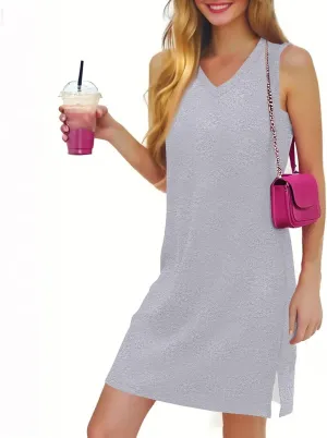 Summer Dresses for Women 2025 Beach V Neck Tank Dress Striped Sleeveless T Shirt Dress Loose Casual Sundresses with Split