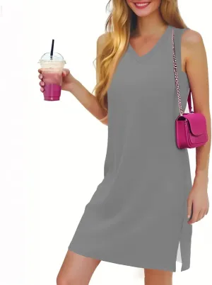 Summer Dresses for Women 2025 Beach V Neck Tank Dress Striped Sleeveless T Shirt Dress Loose Casual Sundresses with Split