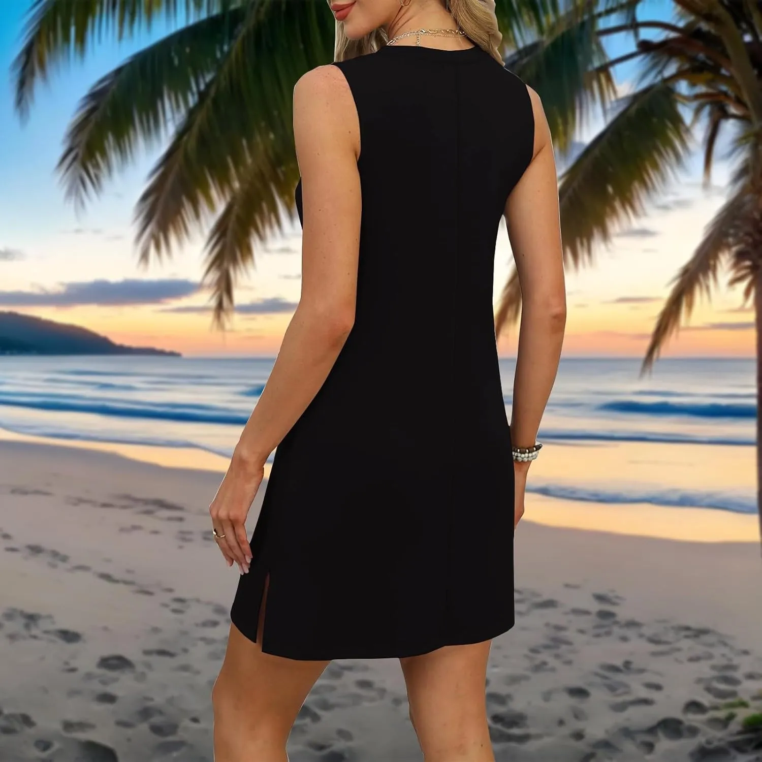 Summer Dresses for Women 2025 Beach V Neck Tank Dress Striped Sleeveless T Shirt Dress Loose Casual Sundresses with Split