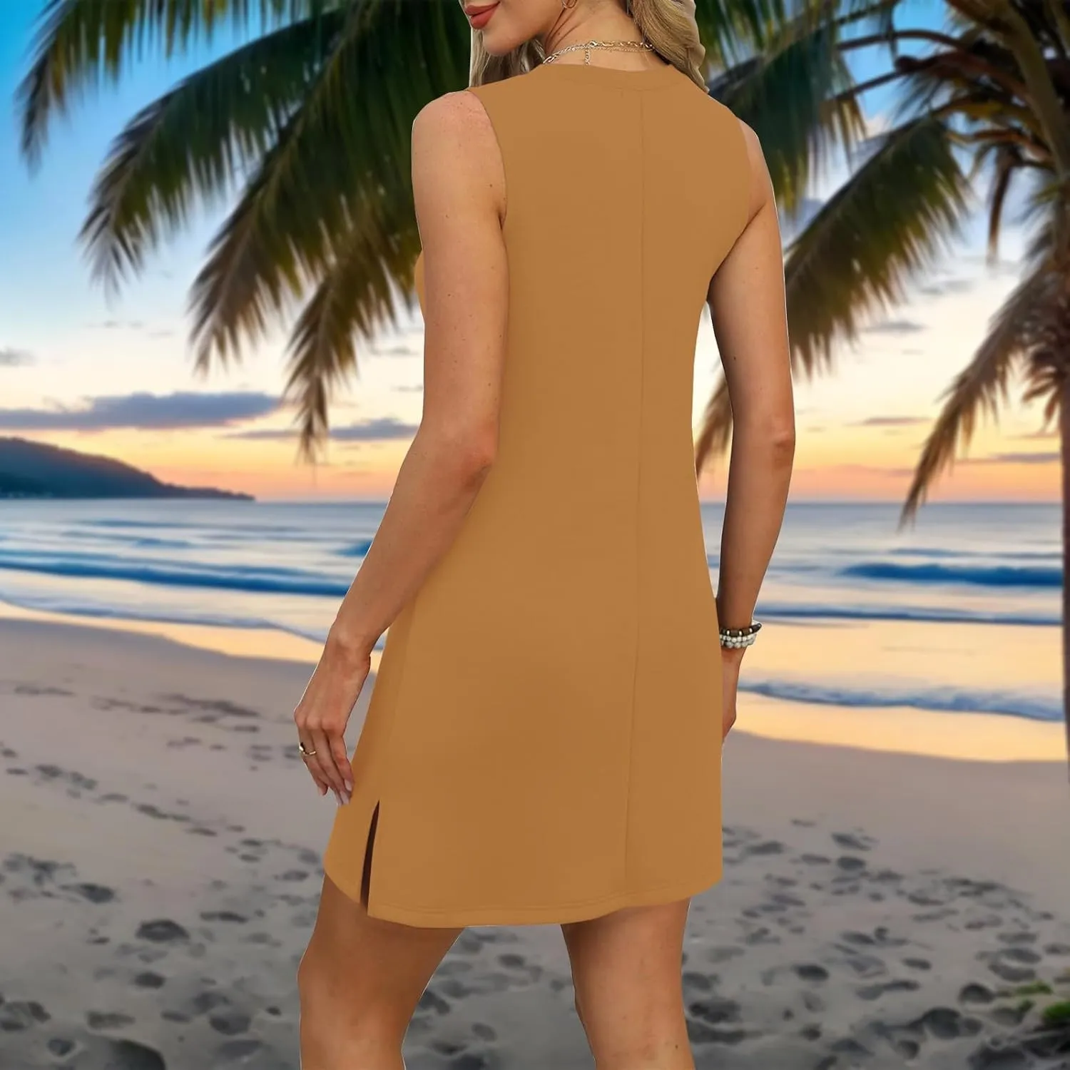 Summer Dresses for Women 2025 Beach V Neck Tank Dress Striped Sleeveless T Shirt Dress Loose Casual Sundresses with Split