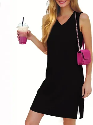 Summer Dresses for Women 2025 Beach V Neck Tank Dress Striped Sleeveless T Shirt Dress Loose Casual Sundresses with Split