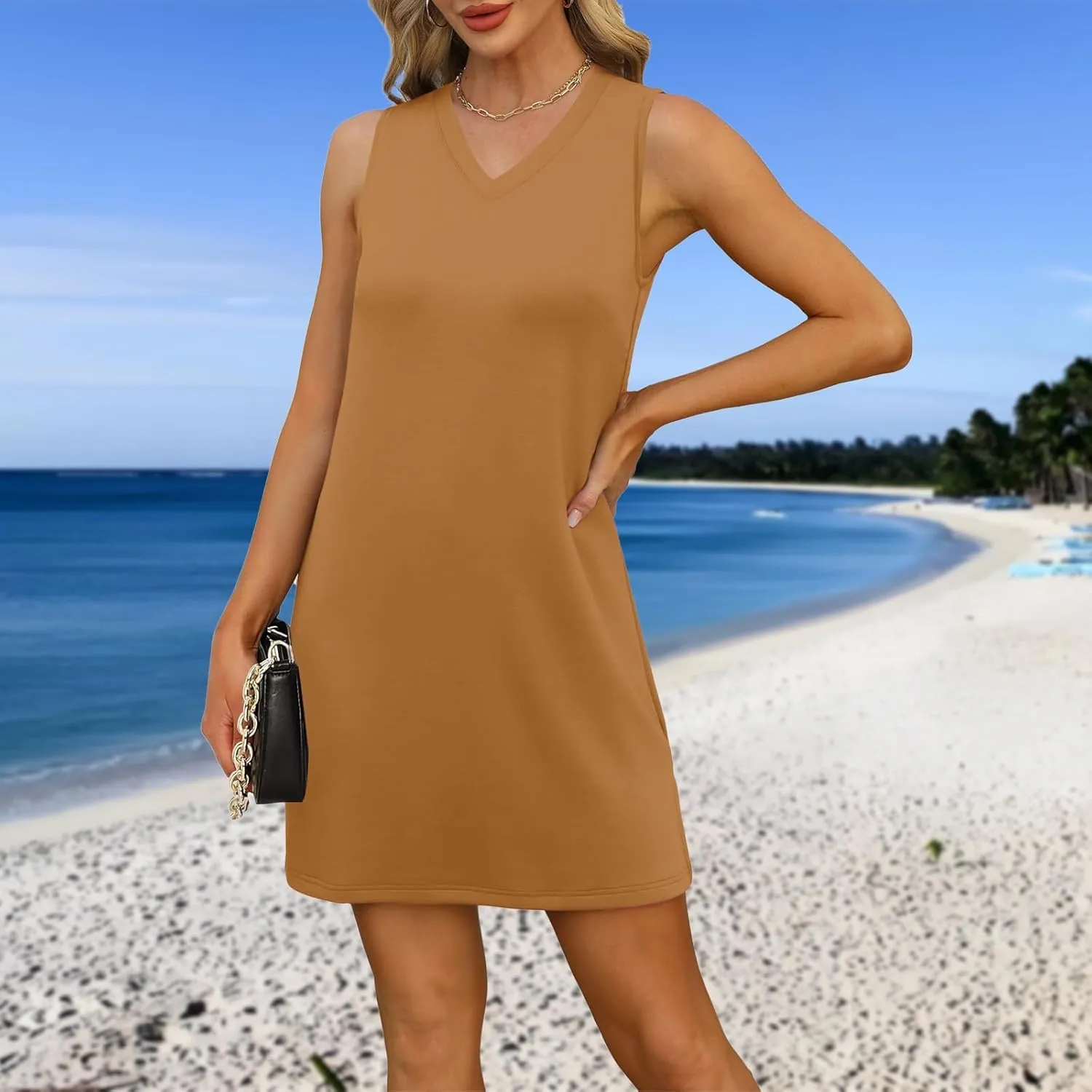 Summer Dresses for Women 2025 Beach V Neck Tank Dress Striped Sleeveless T Shirt Dress Loose Casual Sundresses with Split