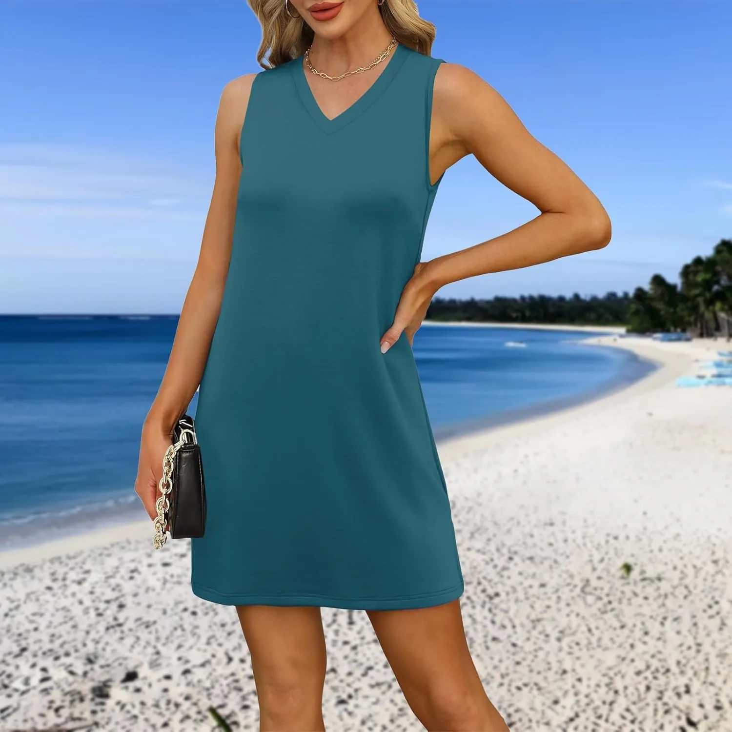 Summer Dresses for Women 2025 Beach V Neck Tank Dress Striped Sleeveless T Shirt Dress Loose Casual Sundresses with Split