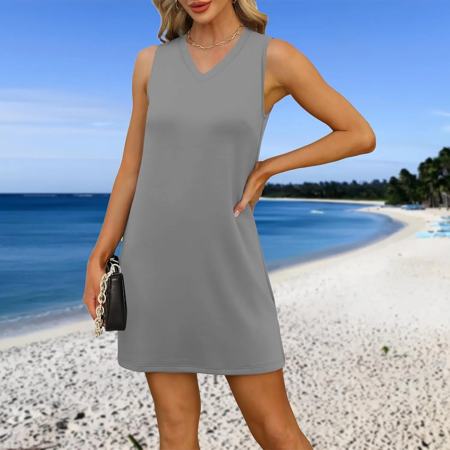 Summer Dresses for Women 2025 Beach V Neck Tank Dress Striped Sleeveless T Shirt Dress Loose Casual Sundresses with Split