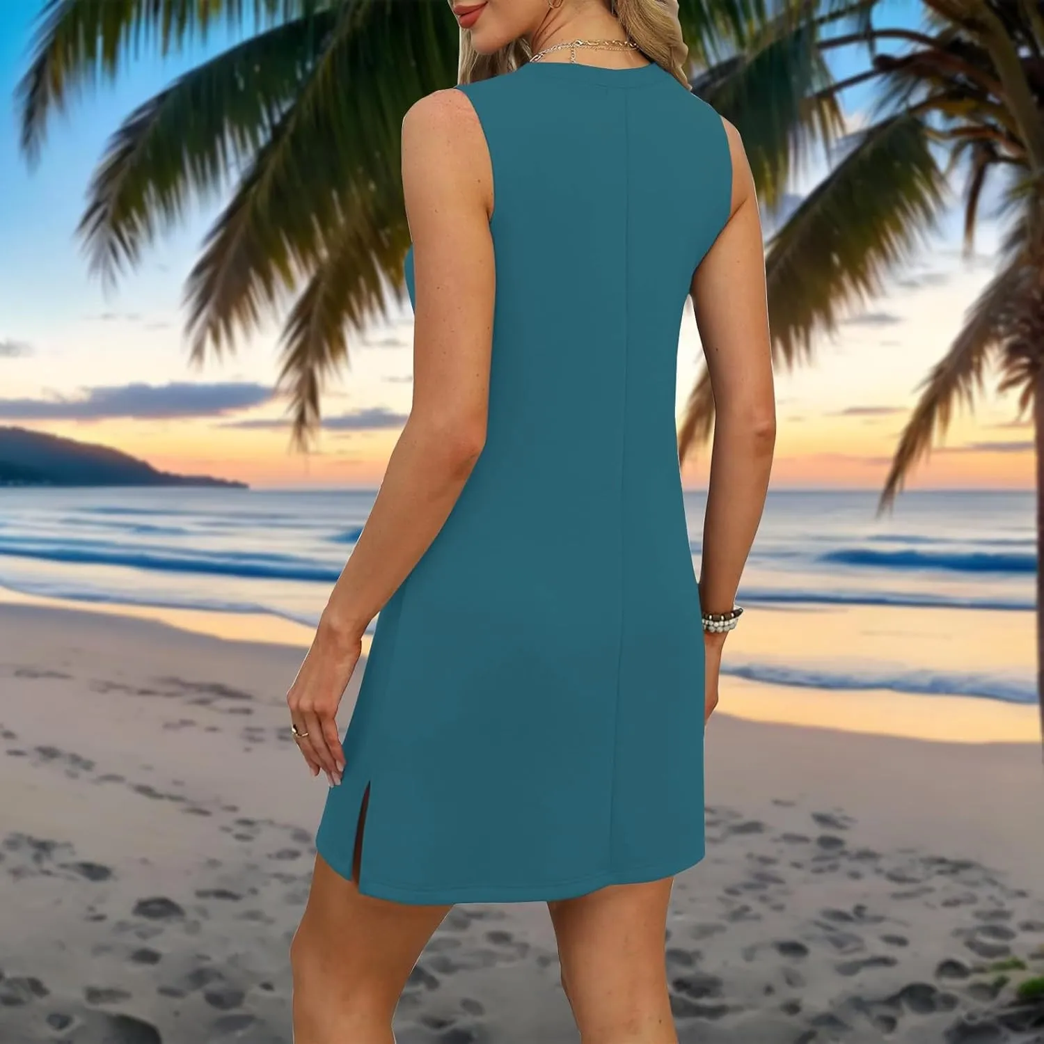 Summer Dresses for Women 2025 Beach V Neck Tank Dress Striped Sleeveless T Shirt Dress Loose Casual Sundresses with Split
