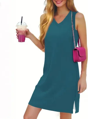 Summer Dresses for Women 2025 Beach V Neck Tank Dress Striped Sleeveless T Shirt Dress Loose Casual Sundresses with Split