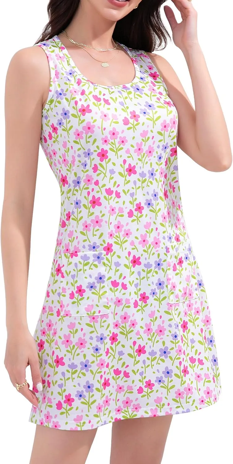 Summer Dresses for Women 2025 Beach Vacation Casual Loose Sleeveless T Shirt Dress Floral Sundresses with Pockets