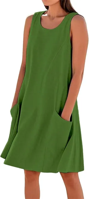 Summer Dresses for Women 2025 Scoop Neck Casual Loose Sleeveless Sundresses Tank Dresses with Pockets