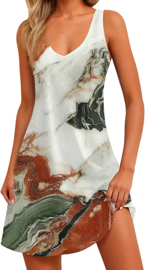 Summer Dresses for Women 2025 Sleeveless Loose T Shirt Dresses V-Neck Floral Sundresses Casual Boho Beach Tank Dress