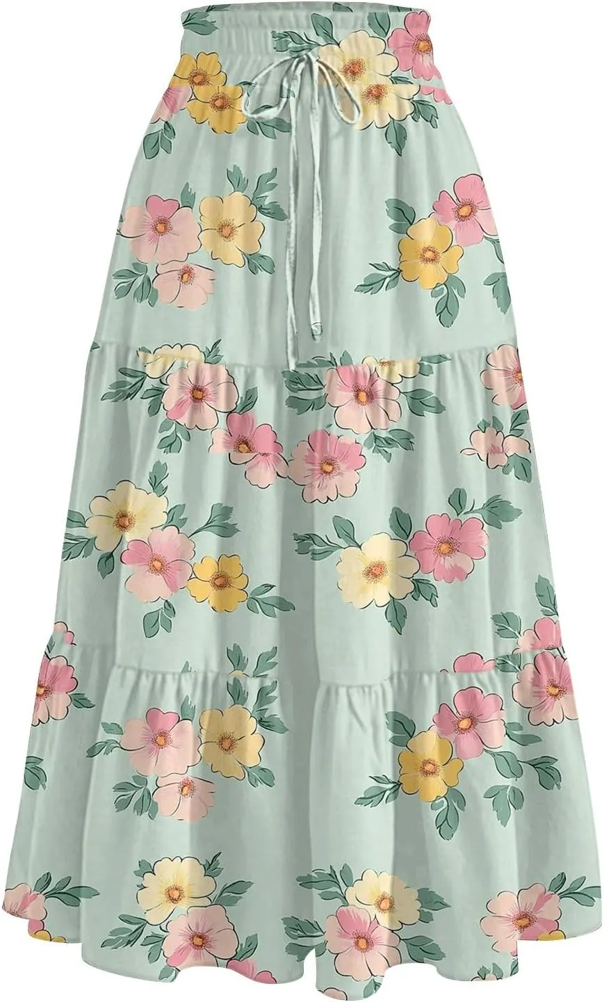 Summer Floral Midi Skirt for Women Comfy Tiered Elastic High Waisted Vacation A-Line Flowy Swing Long