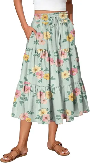 Summer Floral Midi Skirt for Women Comfy Tiered Elastic High Waisted Vacation A-Line Flowy Swing Long