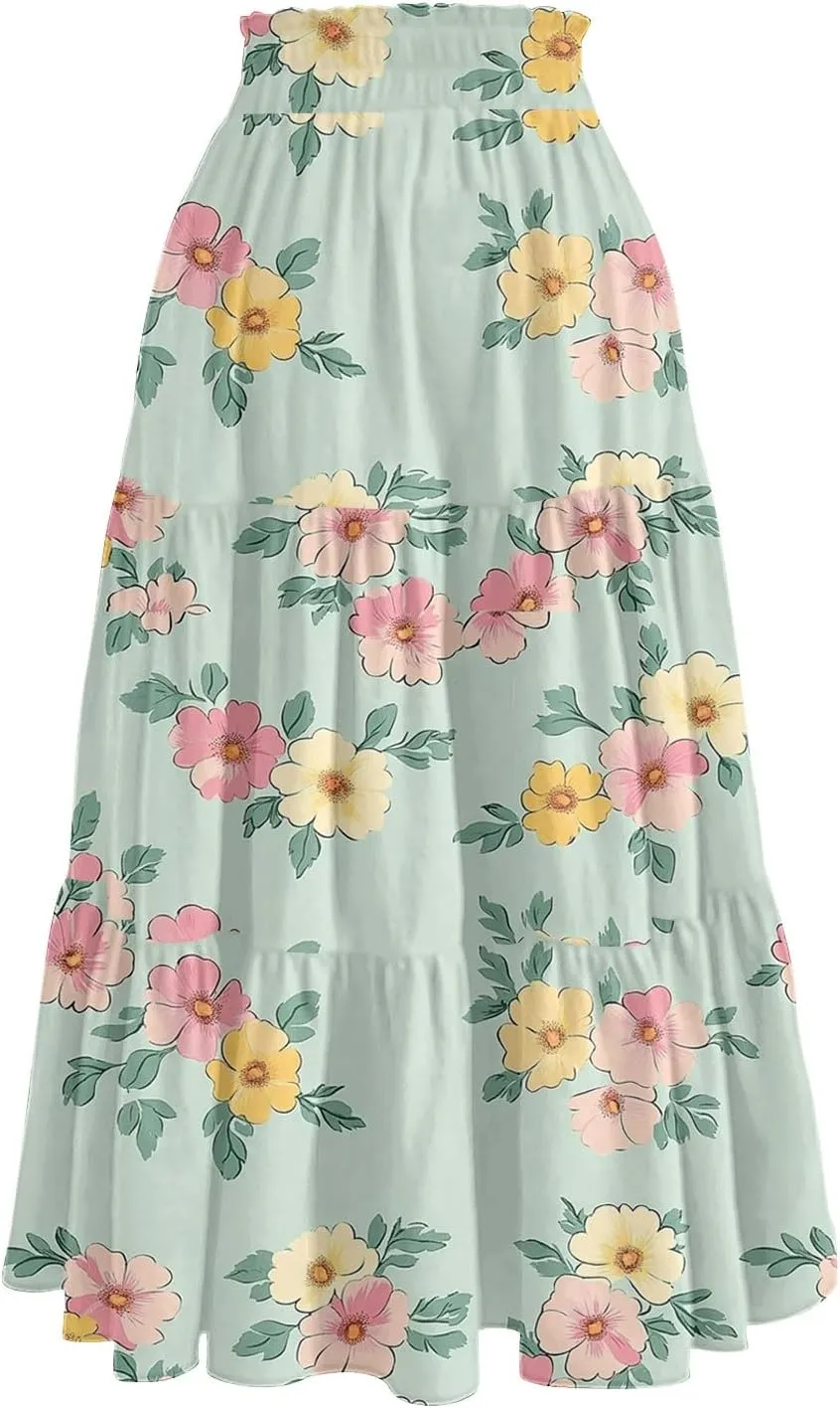 Summer Floral Midi Skirt for Women Comfy Tiered Elastic High Waisted Vacation A-Line Flowy Swing Long