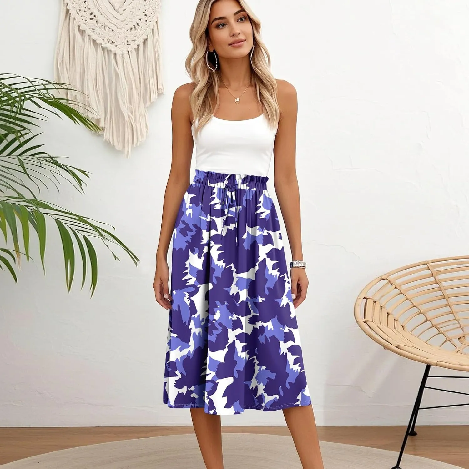 Summer Midi Skirts for Women 2025 Drawstring Elastic Waist Calf Length Skirts Pleated A-Line Polka Dots Boho Skirt