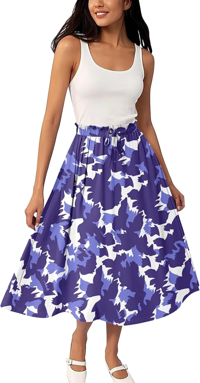Summer Midi Skirts for Women 2025 Drawstring Elastic Waist Calf Length Skirts Pleated A-Line Polka Dots Boho Skirt