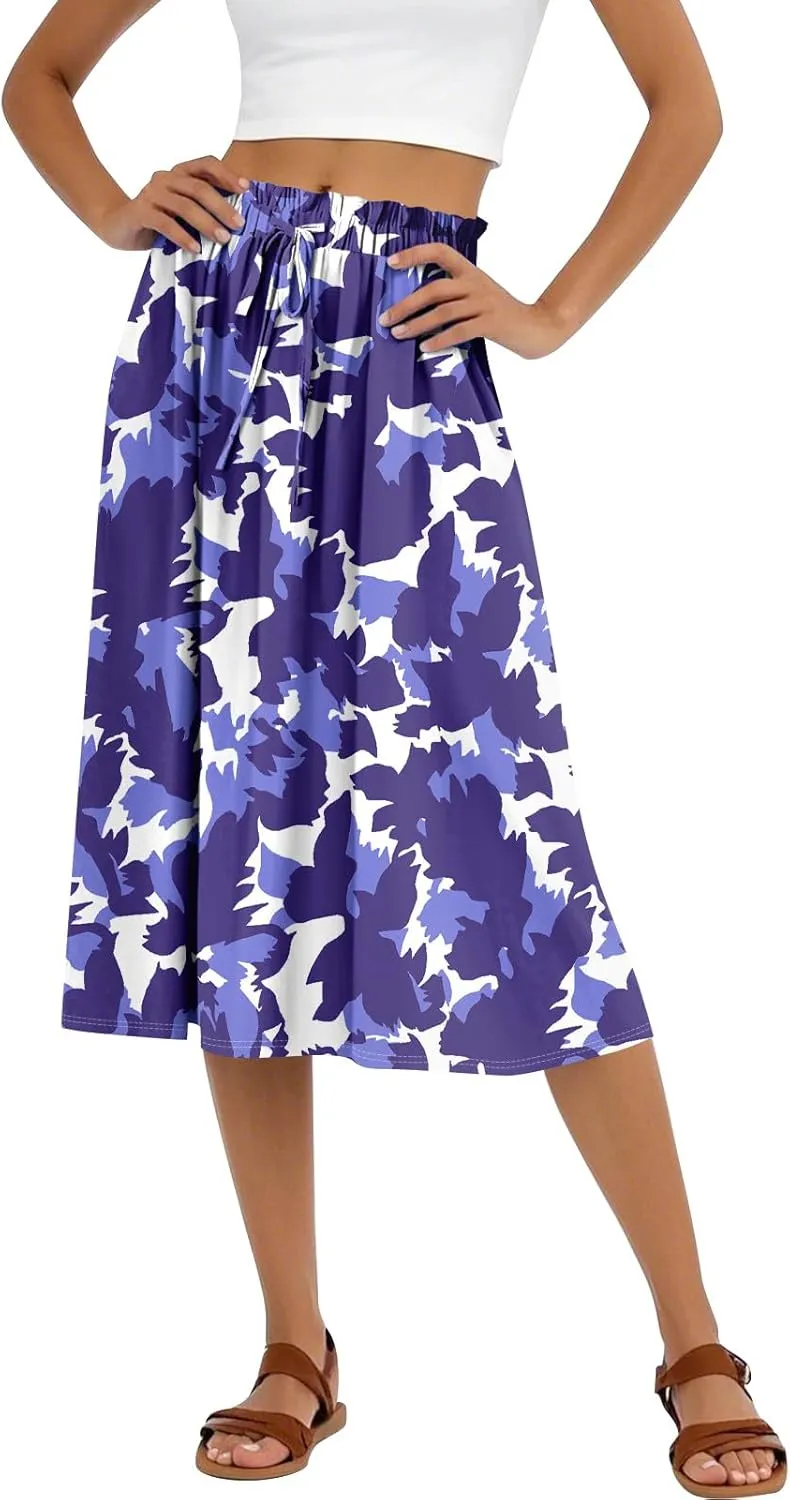 Summer Midi Skirts for Women 2025 Drawstring Elastic Waist Calf Length Skirts Pleated A-Line Polka Dots Boho Skirt