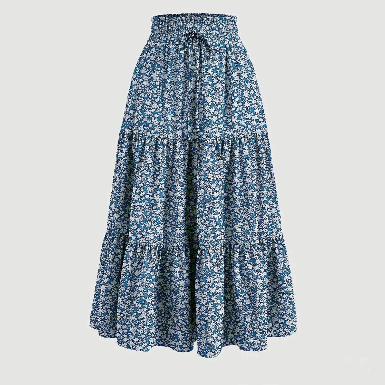 Summer Midi Skirts for Women High Elastic Waist Tie Front Floral Print Boho Beach Flowy Frilly Tiered Ruffle Skirt