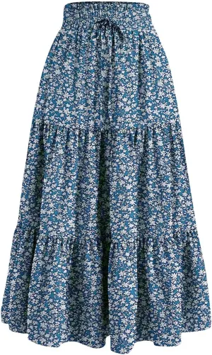 Summer Midi Skirts for Women High Elastic Waist Tie Front Floral Print Boho Beach Flowy Frilly Tiered Ruffle Skirt
