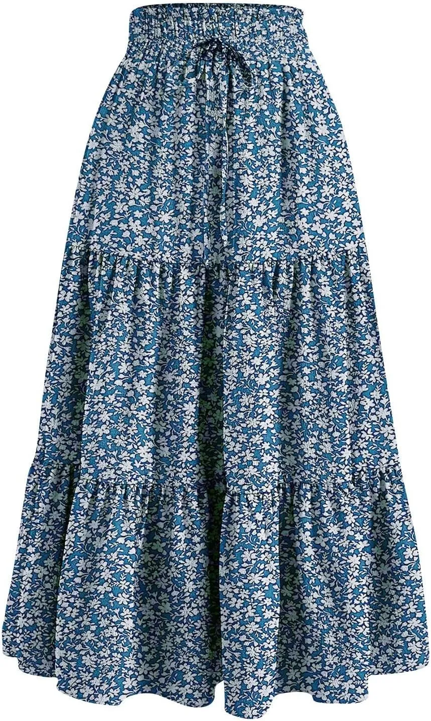 Summer Midi Skirts for Women High Elastic Waist Tie Front Floral Print Boho Beach Flowy Frilly Tiered Ruffle Skirt