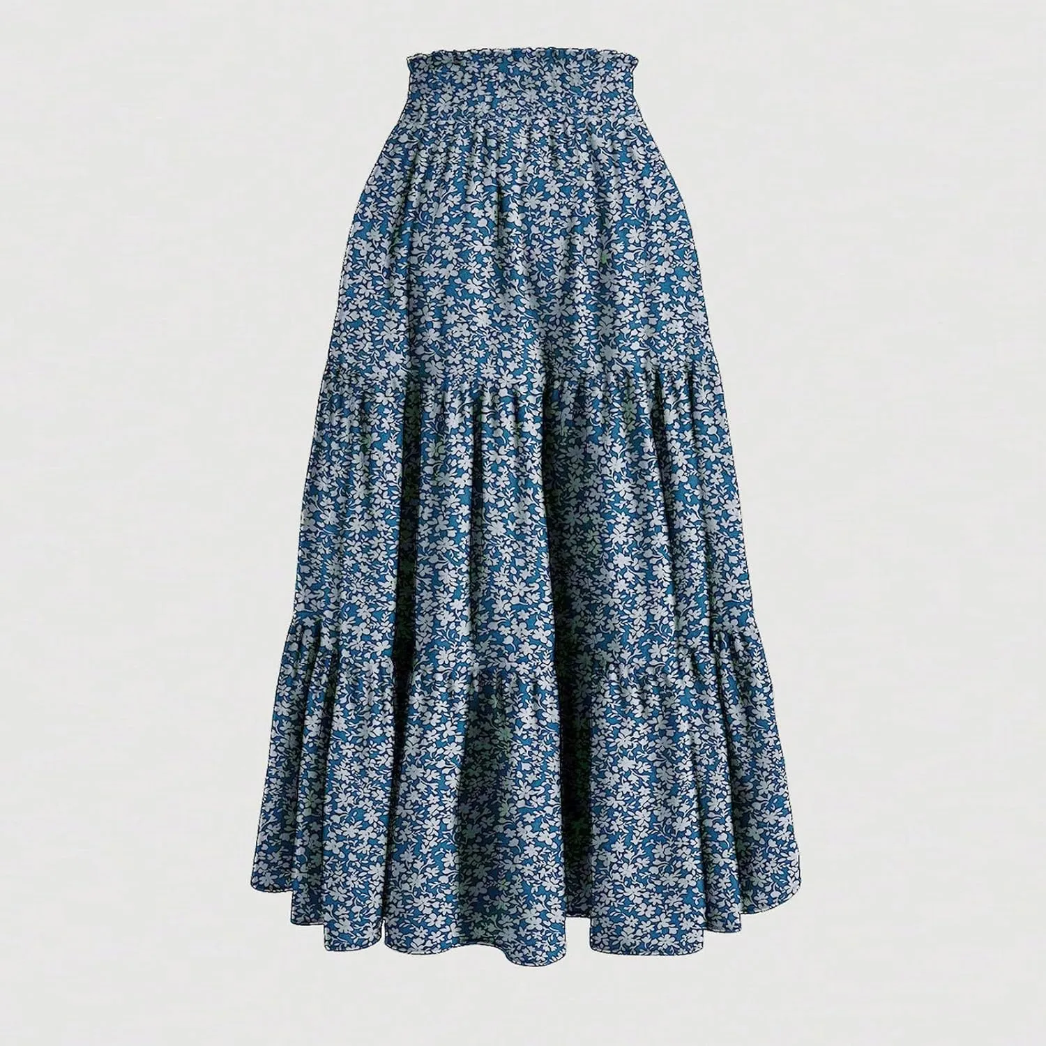 Summer Midi Skirts for Women High Elastic Waist Tie Front Floral Print Boho Beach Flowy Frilly Tiered Ruffle Skirt
