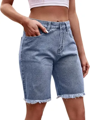 Summer Shorts for Women High Waisted Mid Rise Women's Jean Shorts Frayed Ripped Raw Hem Stretchy Shorts for Women