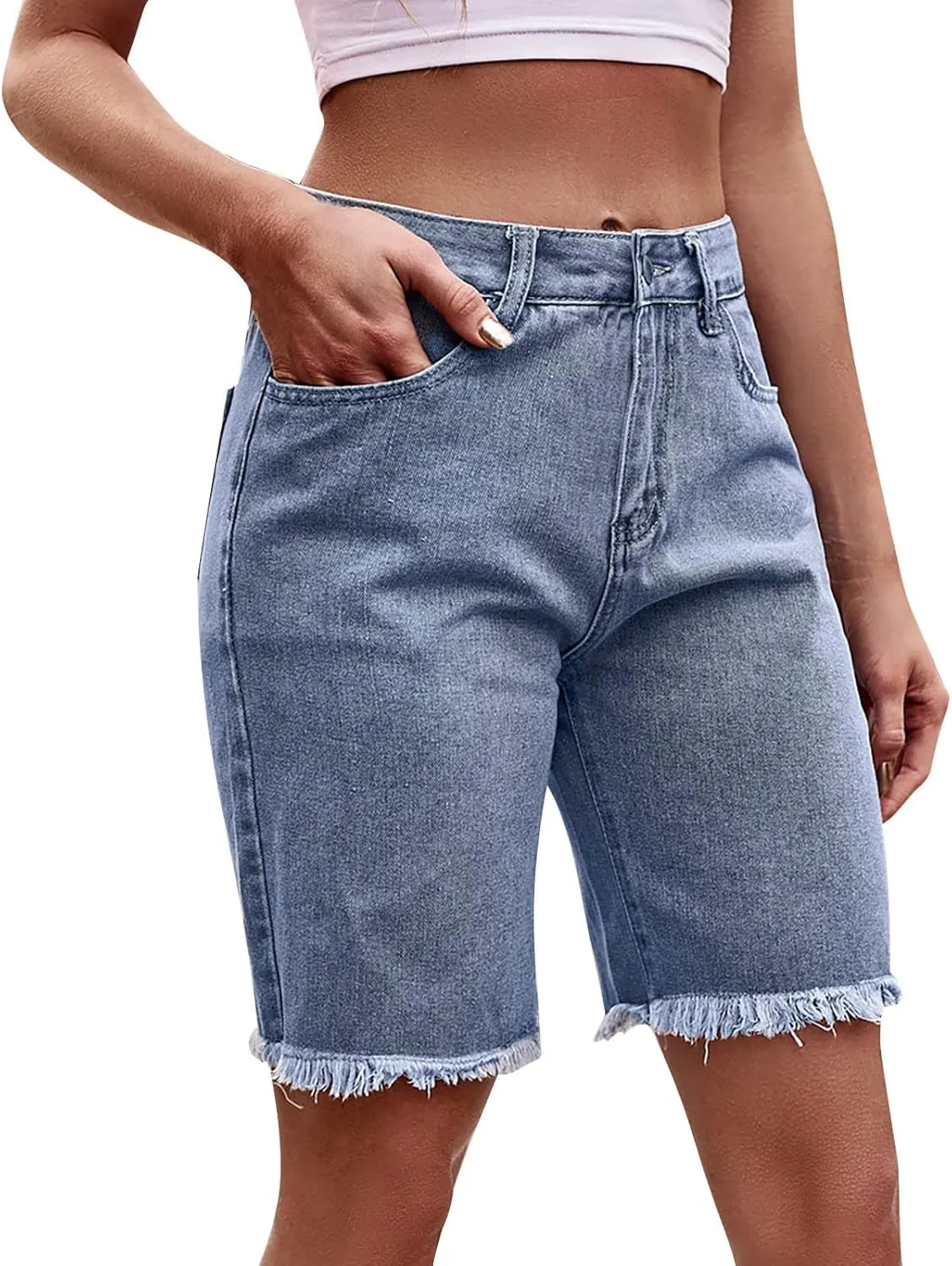 Summer Shorts for Women High Waisted Mid Rise Women's Jean Shorts Frayed Ripped Raw Hem Stretchy Shorts for Women