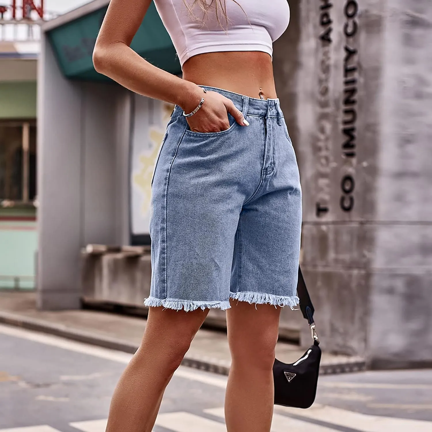 Summer Shorts for Women High Waisted Mid Rise Women's Jean Shorts Frayed Ripped Raw Hem Stretchy Shorts for Women