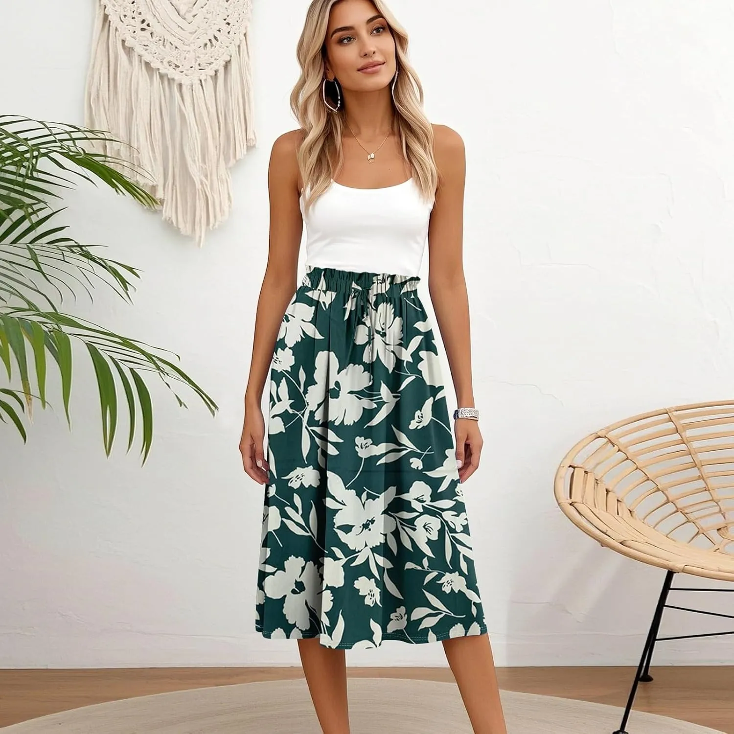 Summer Skirt for Women Midi Wrap Skirt Drawstring High Waist Knee Length Skirts A Line Floral Graphic Bohemian Skirt