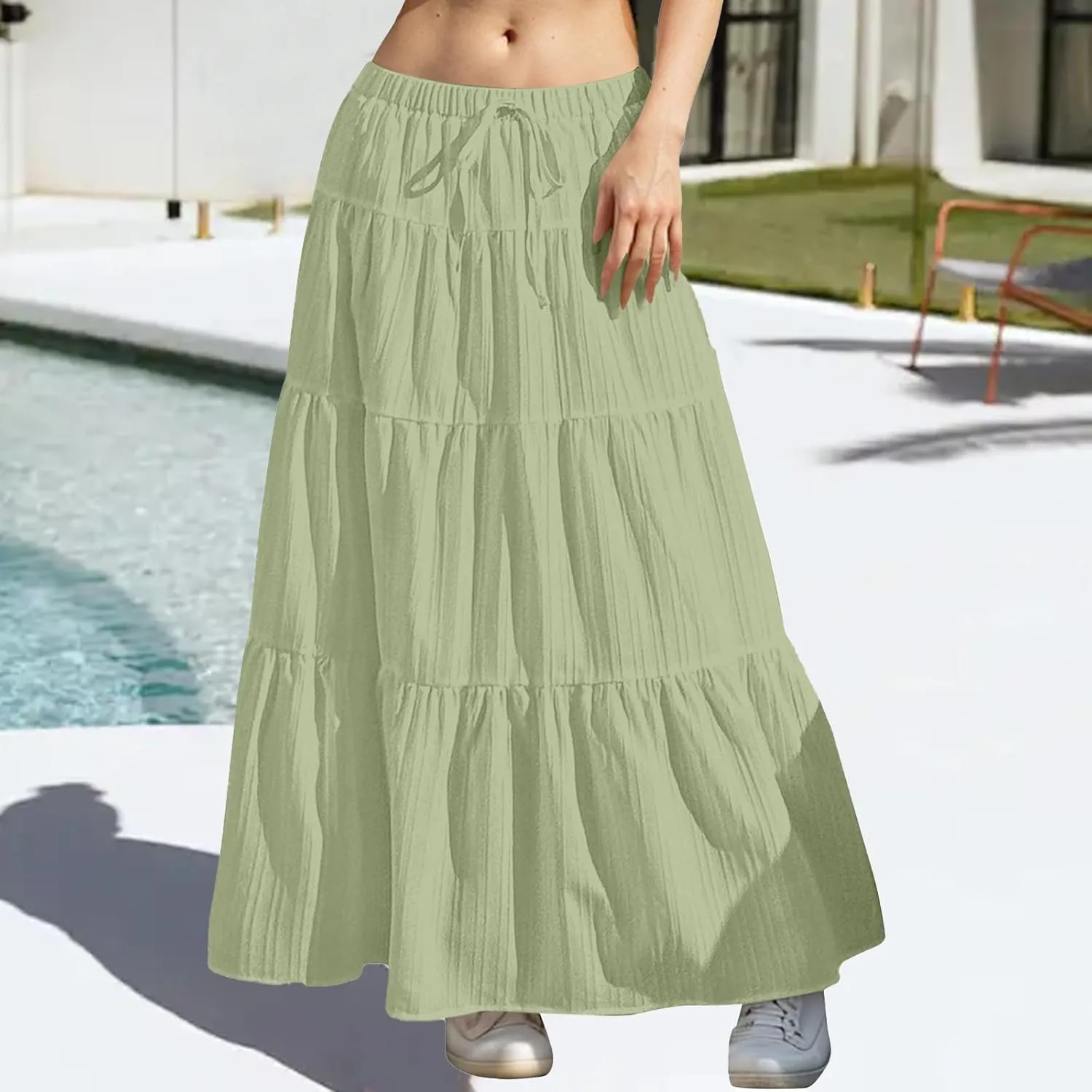 Summer Skirts for Women Y2K Cute A Line Tiered Ruffle Skirt Boho Drawstring Elastic Waist A-Line Maxi Skirt