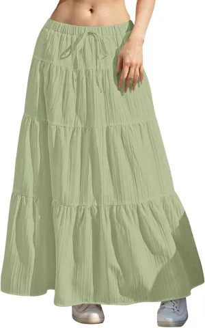 Summer Skirts for Women Y2K Cute A Line Tiered Ruffle Skirt Boho Drawstring Elastic Waist A-Line Maxi Skirt
