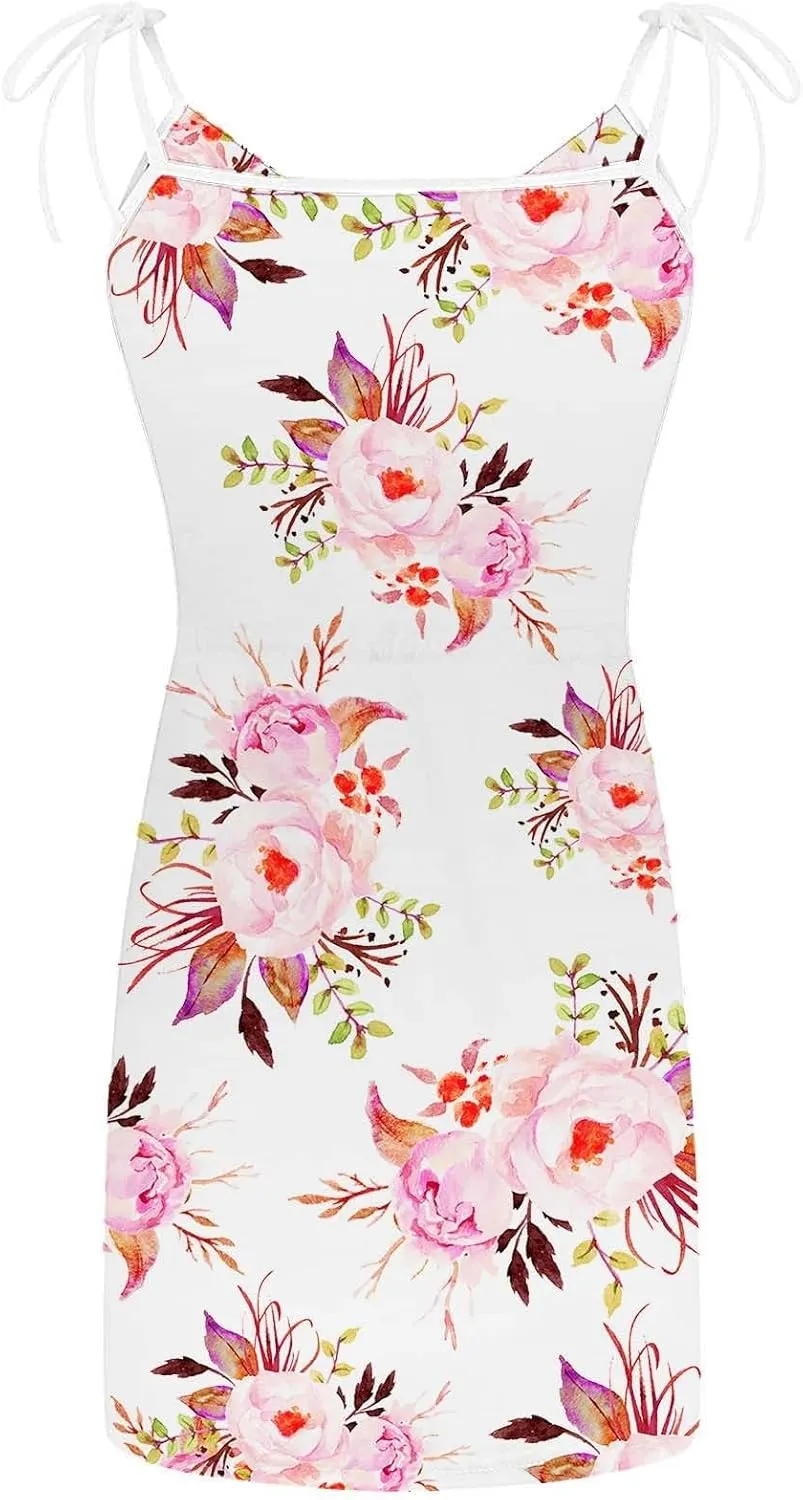 Sun Dresses for Women Casual 2024 Summer Trendy Sleeveless Mini Dress Floral Print Spaghetti Strap Drawstring Short Dresses