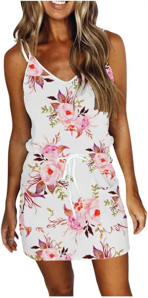 Sun Dresses for Women Casual 2024 Summer Trendy Sleeveless Mini Dress Floral Print Spaghetti Strap Drawstring Short Dresses