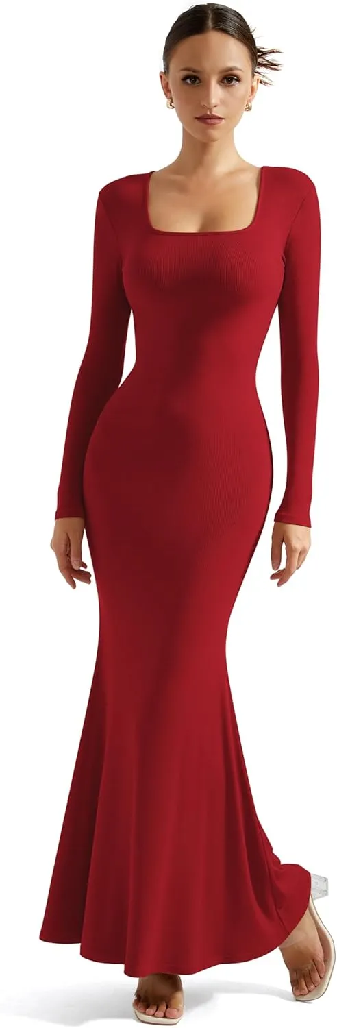 SUUKSESS Women Ribbed Maxi Long Sleeve Dress Square Neck Sexy Bodycon Dresses