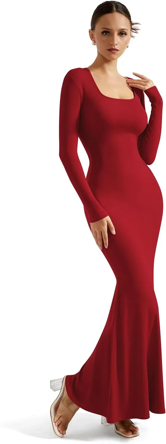 SUUKSESS Women Ribbed Maxi Long Sleeve Dress Square Neck Sexy Bodycon Dresses