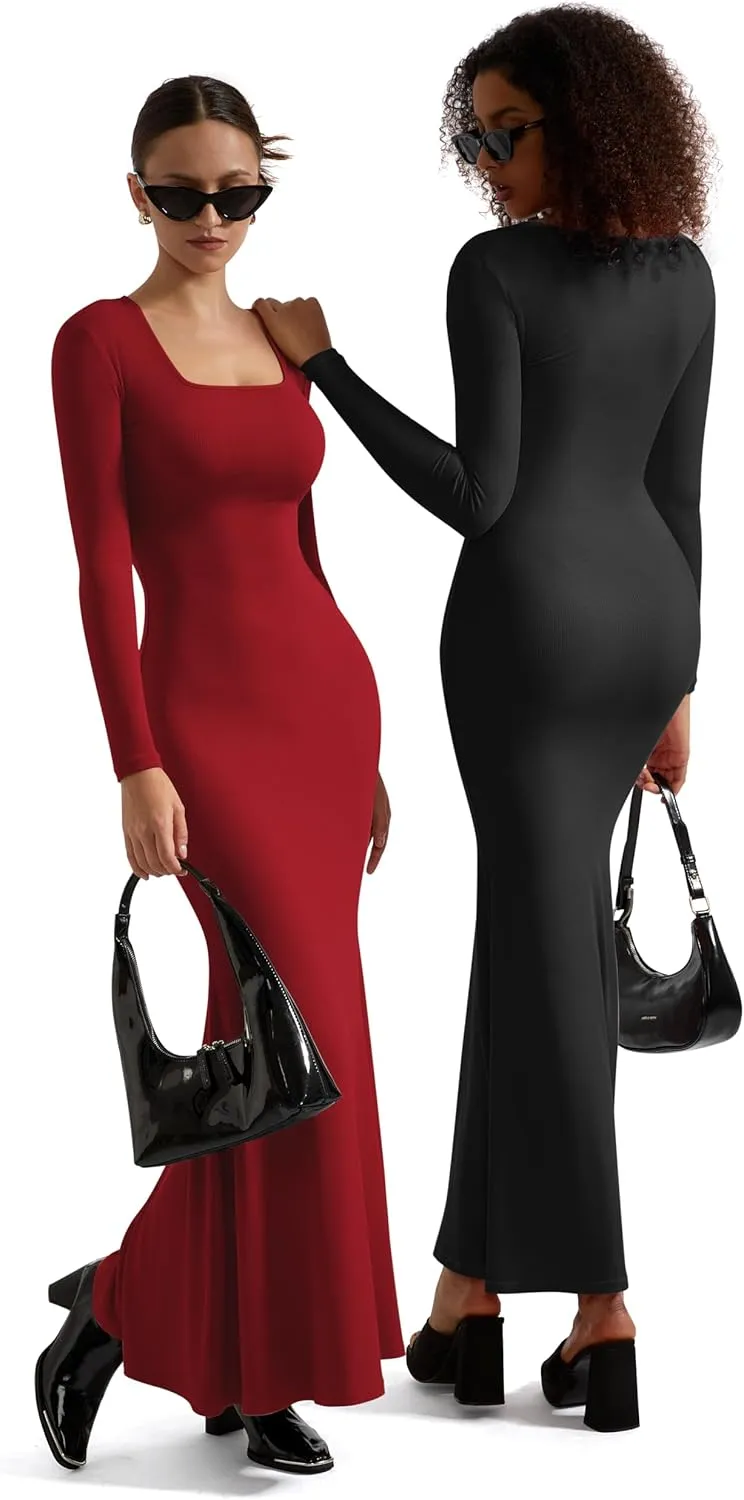 SUUKSESS Women Ribbed Maxi Long Sleeve Dress Square Neck Sexy Bodycon Dresses