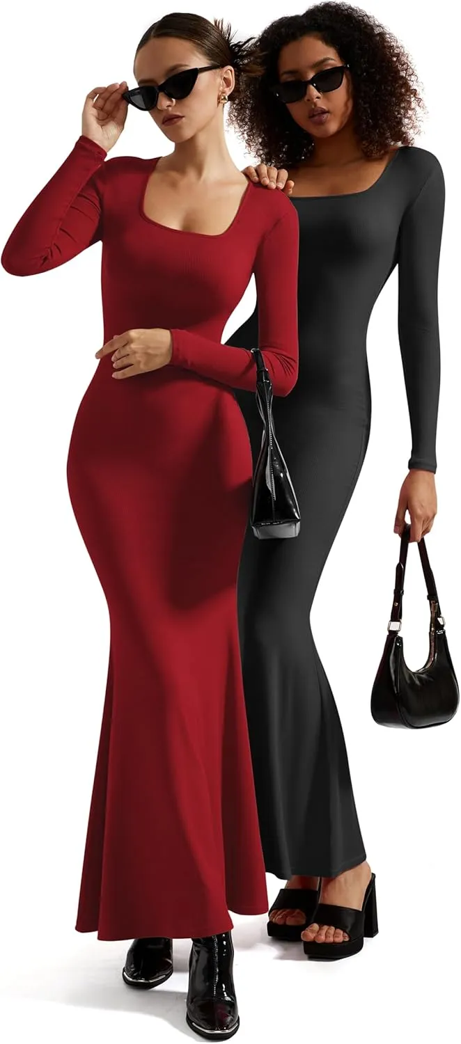 SUUKSESS Women Ribbed Maxi Long Sleeve Dress Square Neck Sexy Bodycon Dresses