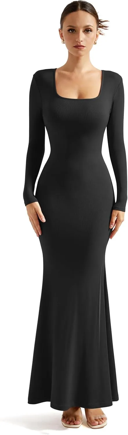 SUUKSESS Women Ribbed Maxi Long Sleeve Dress Square Neck Sexy Bodycon Dresses