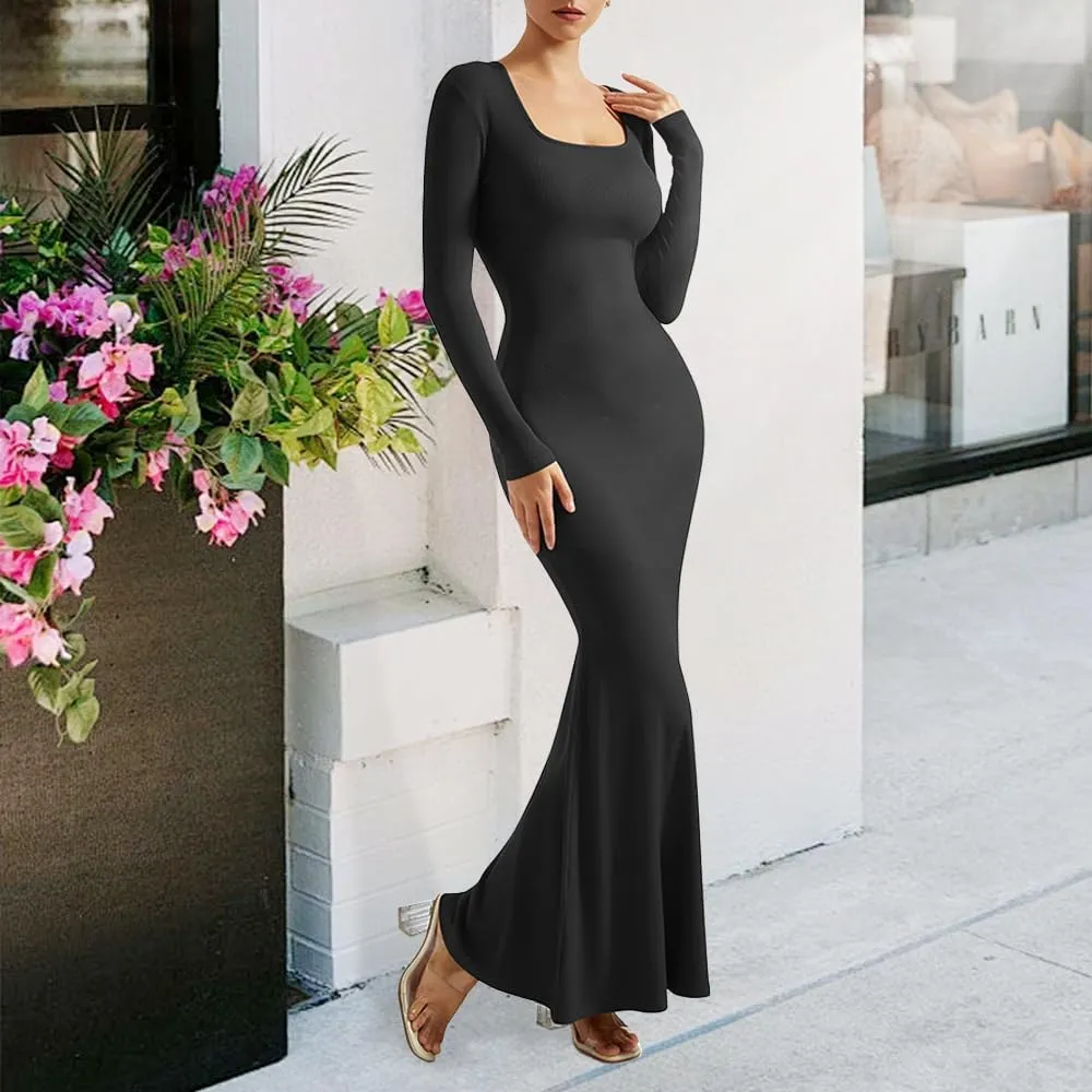 SUUKSESS Women Ribbed Maxi Long Sleeve Dress Square Neck Sexy Bodycon Dresses